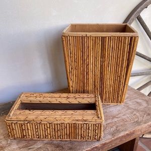 TIKI BAR BAMBOO WASTE CAN & TISSUE BOX COVER SET Vtg 50s-60’s Mid-Century RARE!!